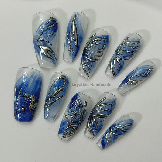 H54 Blue Butterfly Handmade Nail