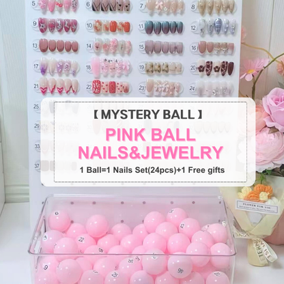 【PINK Mystery Ball】Nails & Jewelry Ball-1 Nail Set With 24pcs Press On Nails