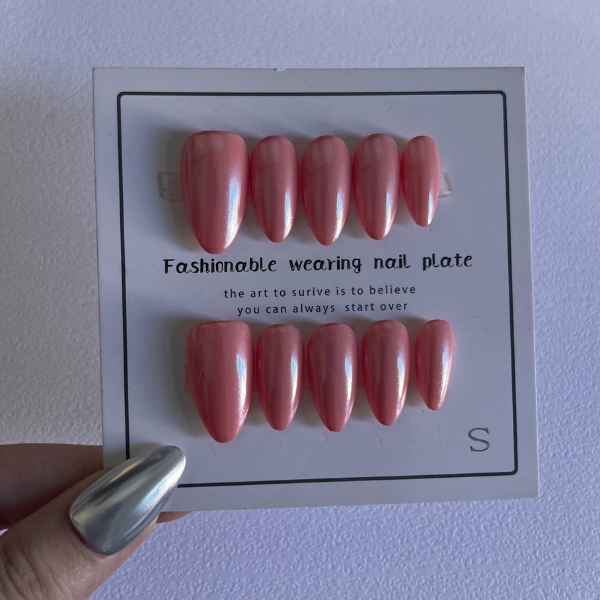 Pink Chrome Almond Handmade Nails