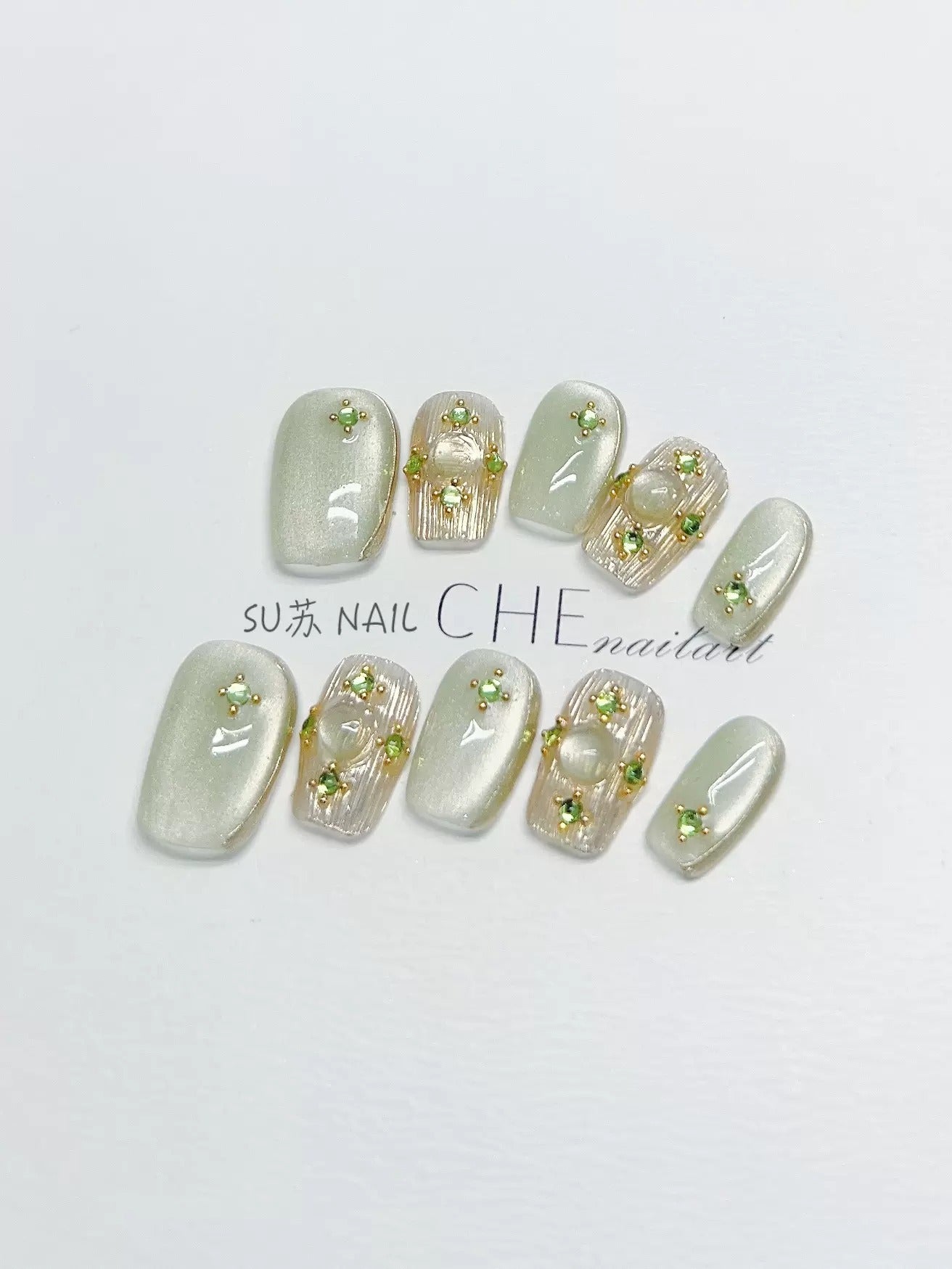 Green Tee Diamonds Handmade Nails LSW42