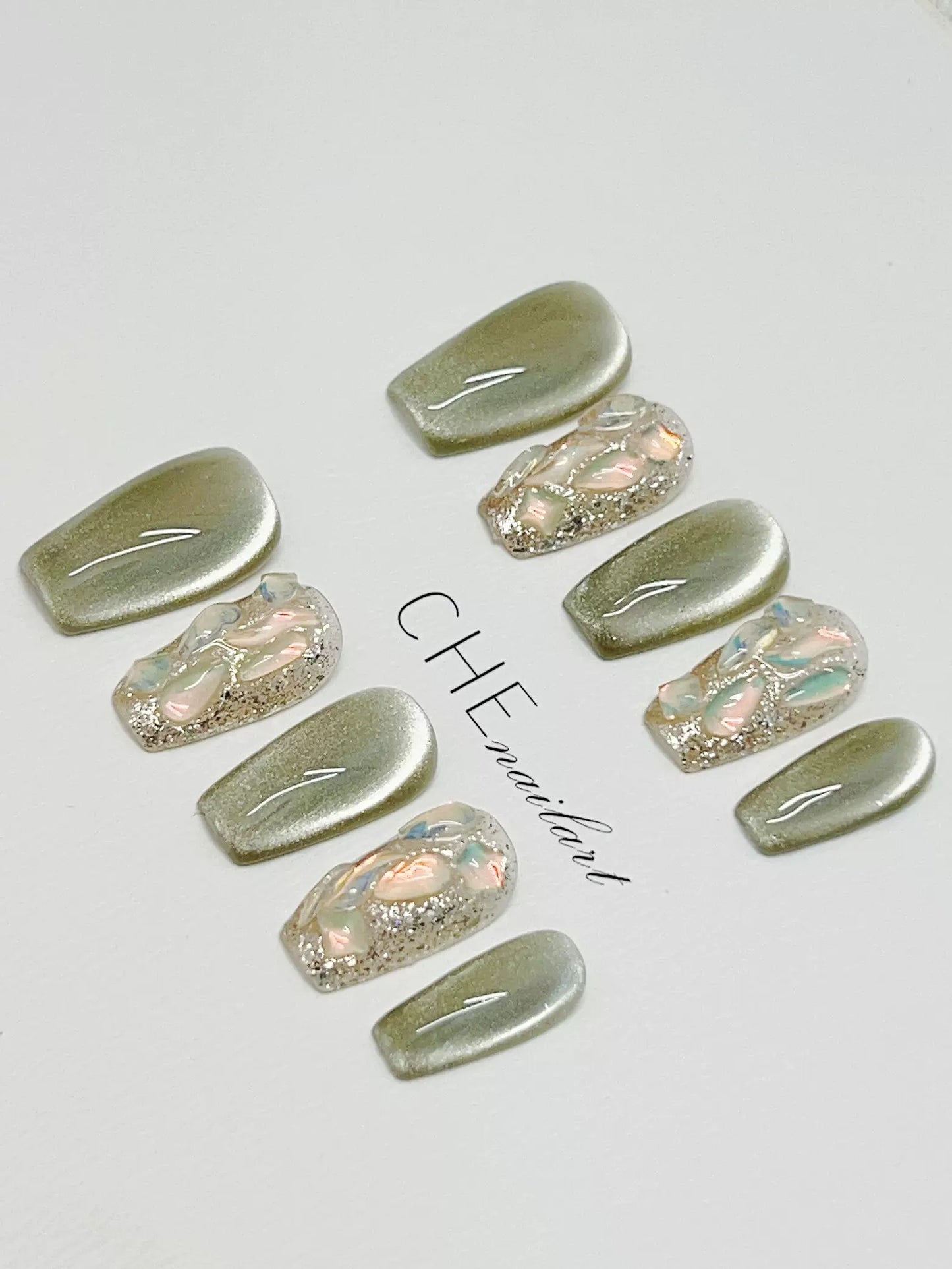 Green Tee Diamonds Handmade Nails LSW39